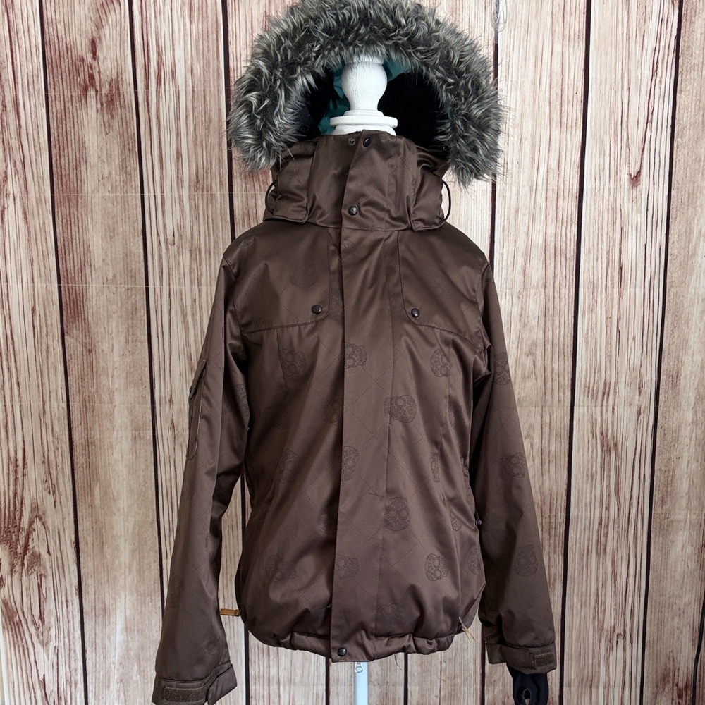 *Bonfire Snowboarding Hooded Jacket with Faux Fur Trim and Sugar Skull Pattern